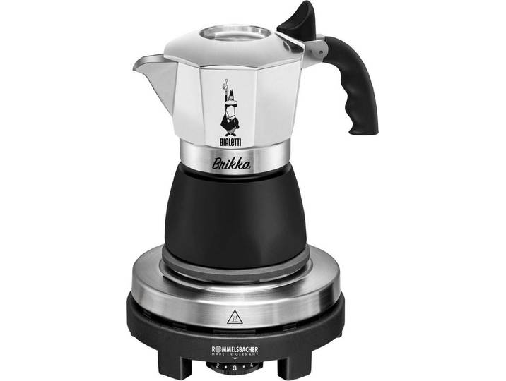 Rommelsbacher Einzelkochplatte Geschenk-Set: Original Bialetti Moka Kanne Brikka + Reisekochplatte