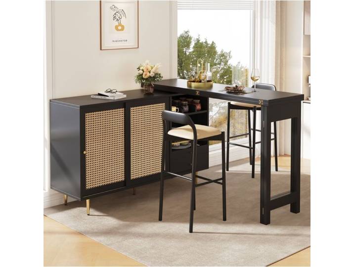 Buffet de cuisine extensible rotatif 360° AESVAR avec rangement MDF noir portes aspect rotin