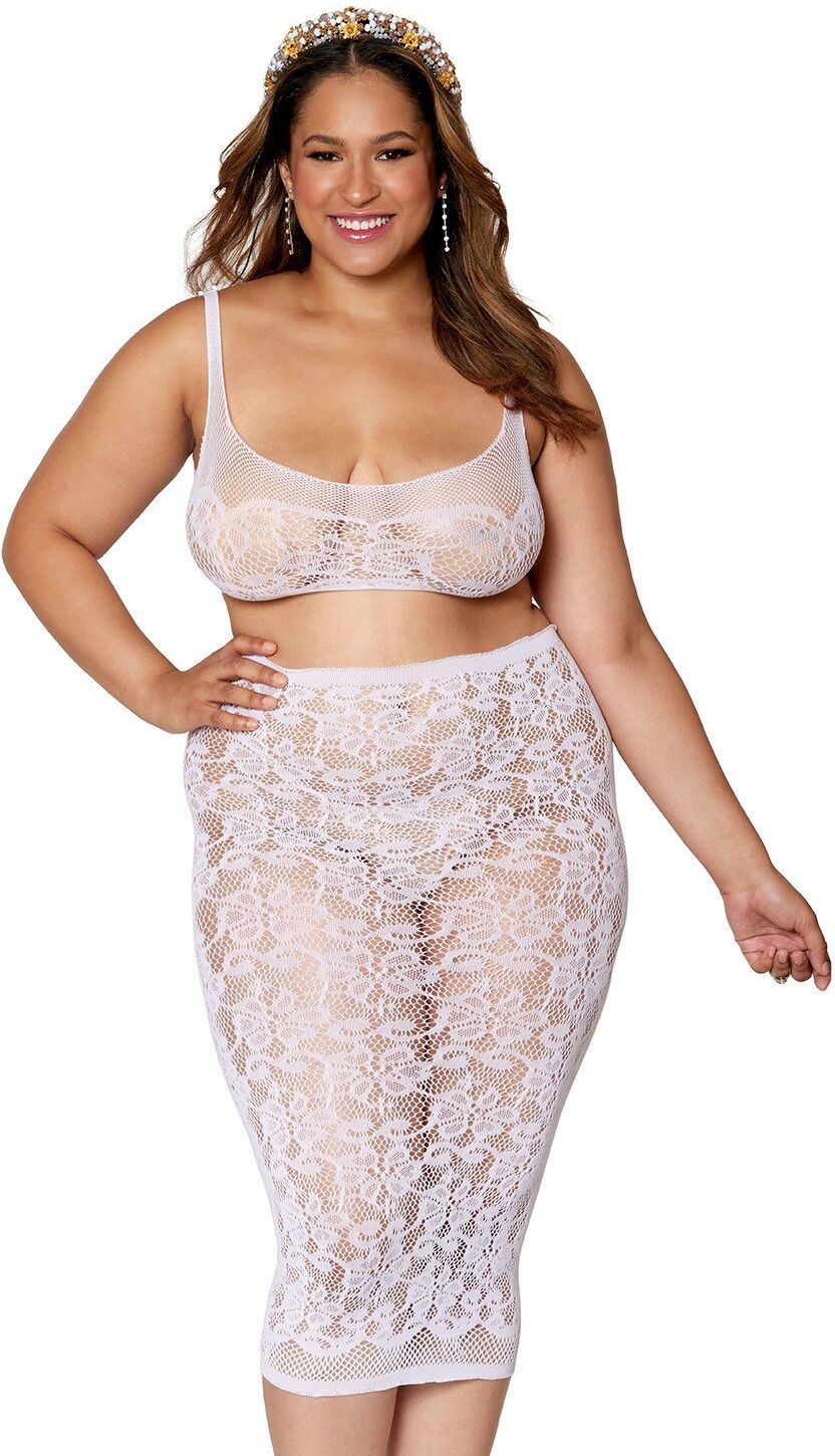 Dreamgirl Ensemble 2 pièces grande taille, brassière résille fantaisie et jupe longue assorti
