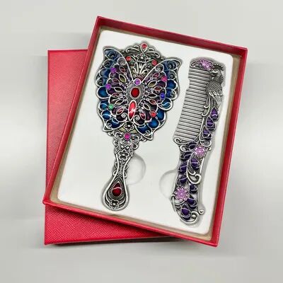 Fusion Finds Vintage Handheld Mirror Peacock Makeup Mirror & Comb Set Decorative Metal Vanity Gift ancient Tin