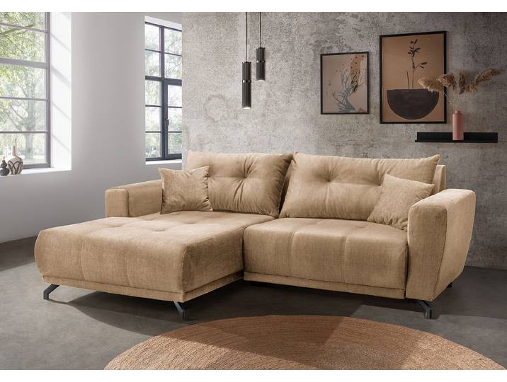 Ecksofa mit Sitztiefenverstellung Braun Samt Josita 246 x 80 x 177cm Longchair davorstehend links Modern