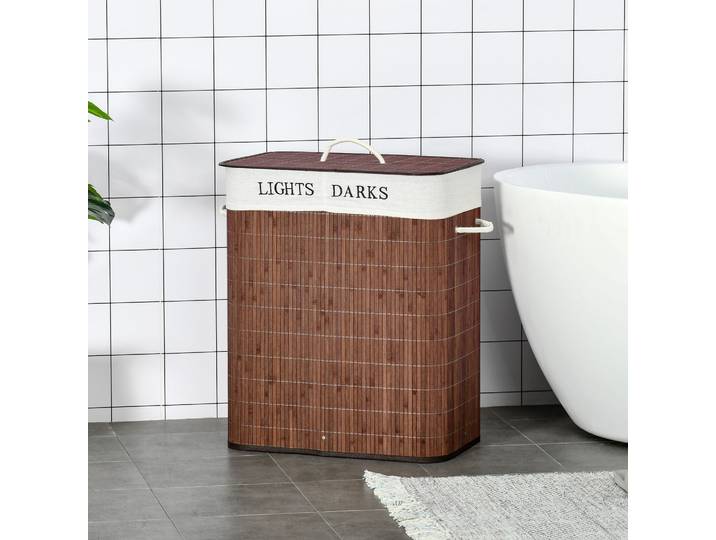 HOMCOM Panier à linge 100L avec 2 bacs bambou pliable couvercle poignée avec Sac amovible et lavable marron