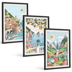 BILDER SET 3er Set - 40x60 cm Schwarzer Rahmen - Landschaften, Meer, Zitrusfrüchte