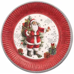 VEPATIM 20 Pappteller rund Ø 23 cm mit Motiv "Santa & Geschenke" bordeaux/rot