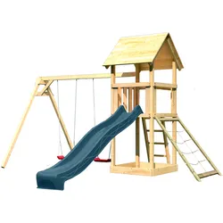 Akubi Kinderspielturm Lotti mit Satteldach inkl. Wellenrutsche anthrazit, Doppelschaukelanbau und Netzrampe