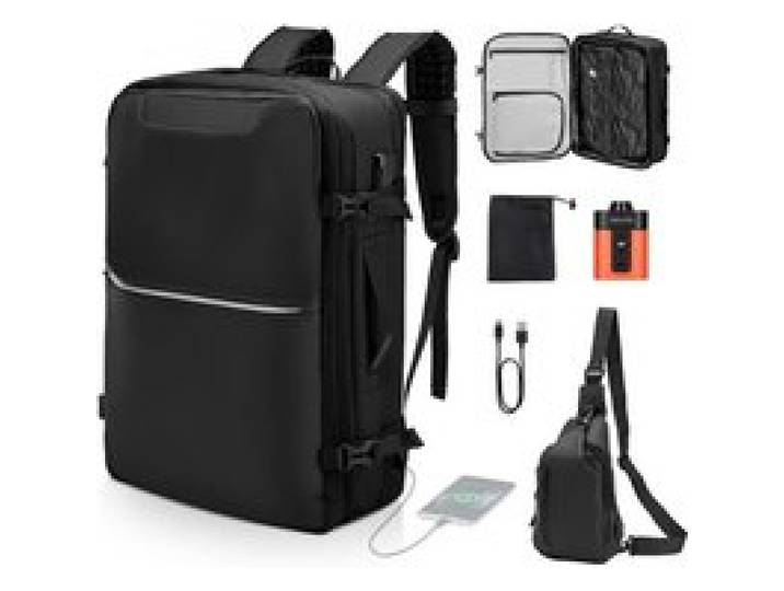 VEVOR Vakuum-Reiserucksack, 80 L, erweiterbarer Vakuum-Kompressions-Reiserucksack mit Pumpe, mit TSA-zugelassenem Schloss, USB-Ladeanschluss, wasserabweisendes Handgepäck, für Business, Schwarz