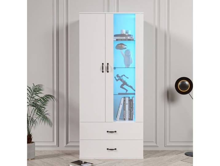 Vitrine 59 5x35x182 cm 2 portes vitrine autoportante avec porte transparente vitrine LED meuble mural de salon buffet blanc