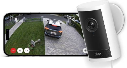 Ring Outdoor Camera Pro Plug-In (Newest Gen) – Retinal 4K, Enhanced Zoom, Radar Detection, Plug-In Security Camera – White