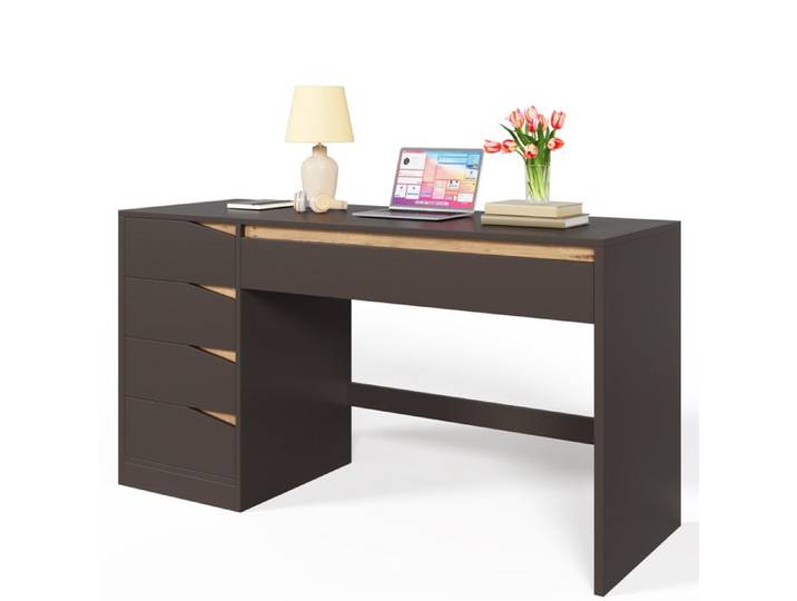 Bureau Moderne 140x50cm avec 5 Tiroirs Bureau d'Ordinateur Multifonction Grande Surface de Travail Coiffeuse avec Rangement Gris