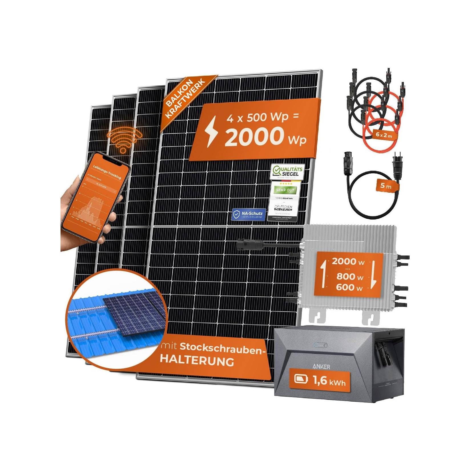 2000W + Anker 2 PRO Solarway® All In One Balkonkraftwerk mit Speicher 2000W komplett Steckdose - 1,6 kWh Anker Solix 2 PRO Speicher - Solaranlage Komplettset - 500W bifaziale Solarmodule & Anker Speicher & Zubehör
