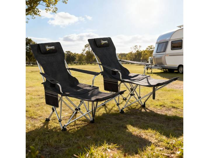 Outsunny 2 Chaises Camping Pliantes Inclinables avec Repose-Pieds Noir