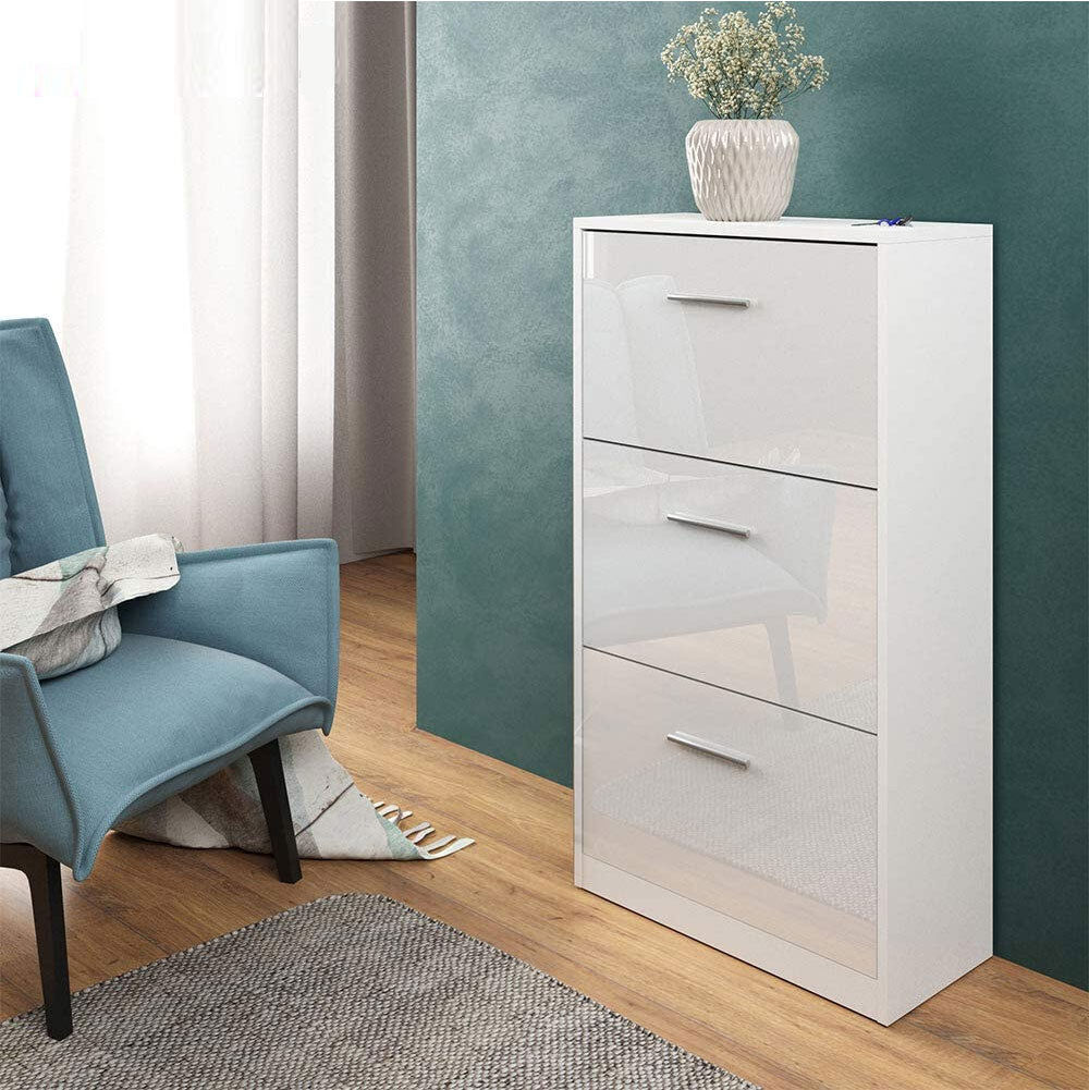 giordanoshop Scarpiera 3 Ante Ripiani Doppia Profondita in Legno 59x22x105 cm Bianco Lucido...