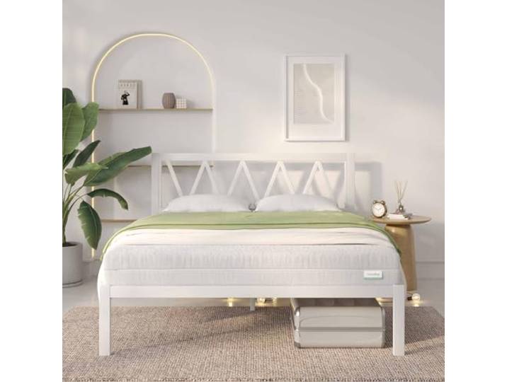 Novilla Bettgestell 160 x 190 cm, Bettrahmen mit Lattenrost, Bettgestelle mit Kopfteil-Design, Doppelbettgestell, Stauraum unter dem Bett, Weiß