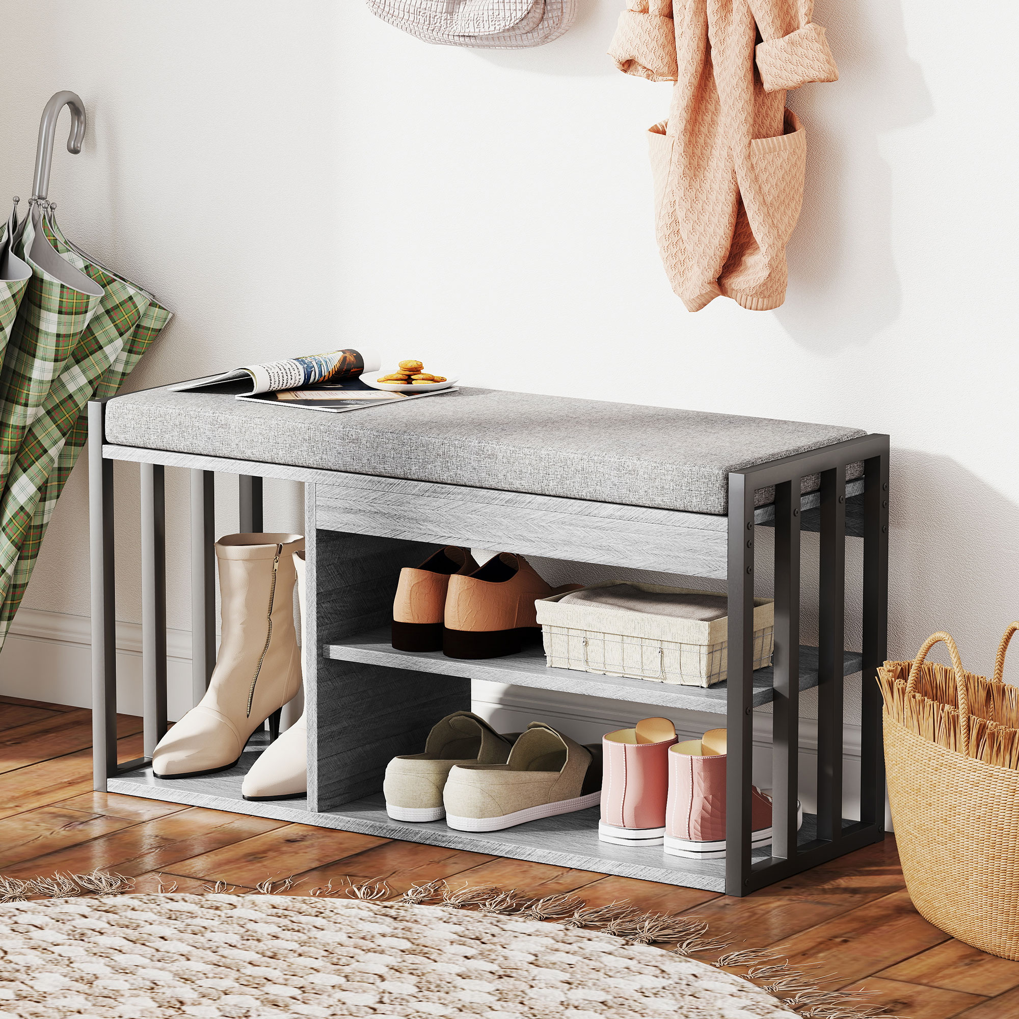 Homcom Scaffale per Scarpe con Panca, Scaffale per Corridoio per Scarpe, Mobile Portascarpe con Design a 3 Livelli, per Ingresso, Corridoio, Soggiorno, Camera da Letto, Grigio   Aosom Italy