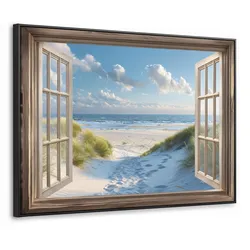 LEINWAND Bilder mit Rahmen - Aussicht - Strand - Fenster - Dünen - Meer - 80x60