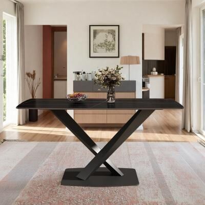 ZWYO HOSIMU "63"" Modern Sintered Stone Dining Table, Rectangular Kitchen Table with Metal X-Leg Base for 6"