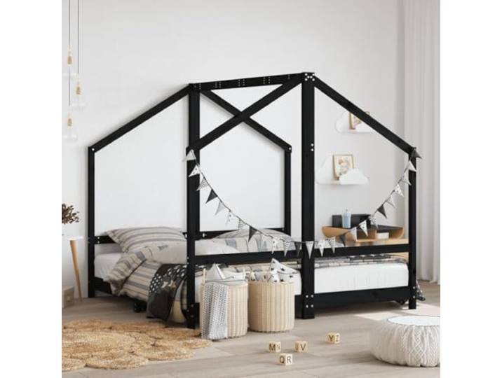 WXGTBKPR Kinderbett 80x160 cm aus Massivholz Kiefer Schwarz, Hausbett für Kinder ab 4 Jahren, stabiles Holzbett mit Lattenrost