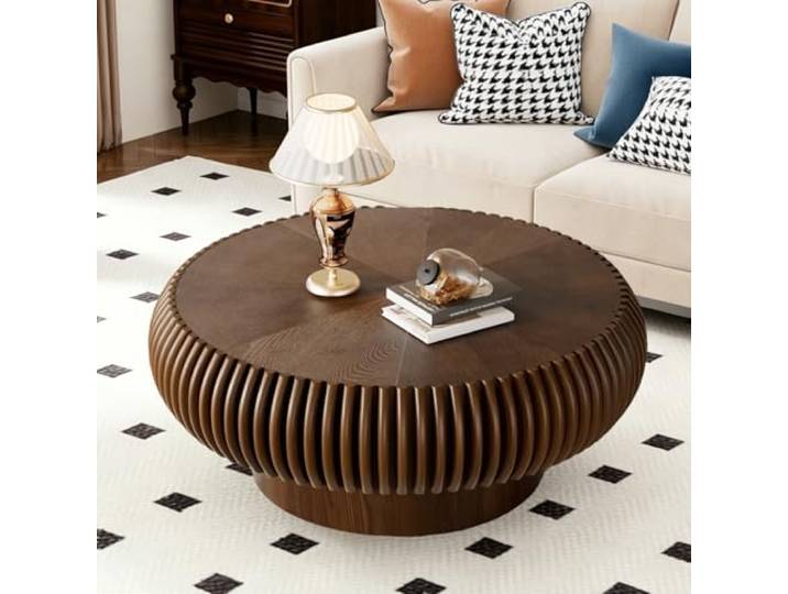 LOVEHOUGES Runder Trommel-Couchtisch, Moderner Geriffelter Mitteltisch mit Einzigartiger Rippentextur, Zeitgenössischer Runder Teetisch aus Holz für Wohnzimmer,Braun,80cm（31.5in）