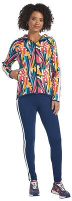 VEVO ACTIVE Women's High-Low Hoodie Tight Set (Size 1X) Bright Multi Abstract/Medieval Blue, Cotton,Polyester,Spandex