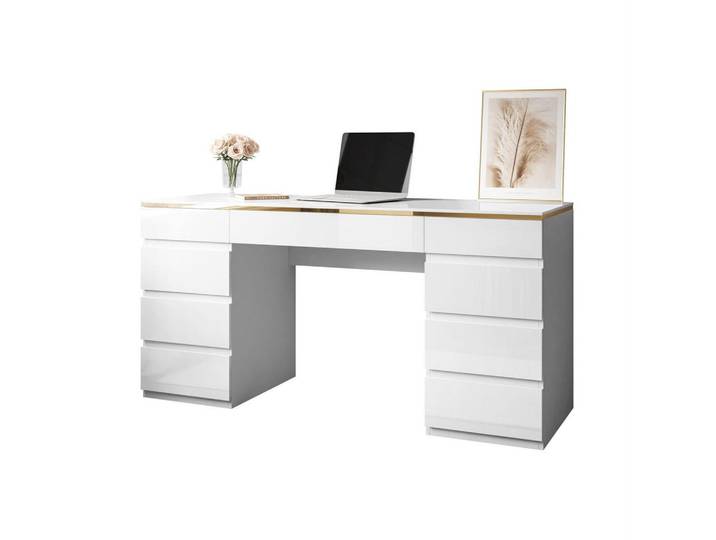 Lookway Schreibtisch Aurora Double Gold mit Schubladen, Weiß, 55x79.2x156.8 cm, Büromöbel, Schreibtische, Schreibtische
