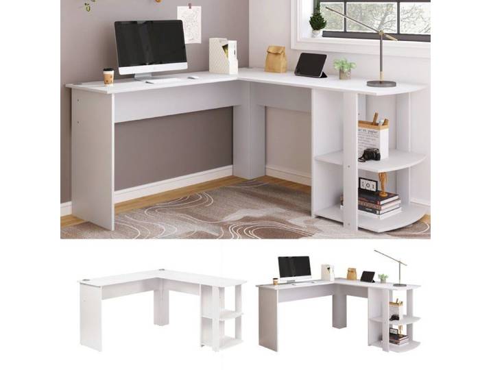 Bureau informatique - LANGTU - N616P236901W - Angle 140x140 cm - 2 étagères - Blanc mélaminé