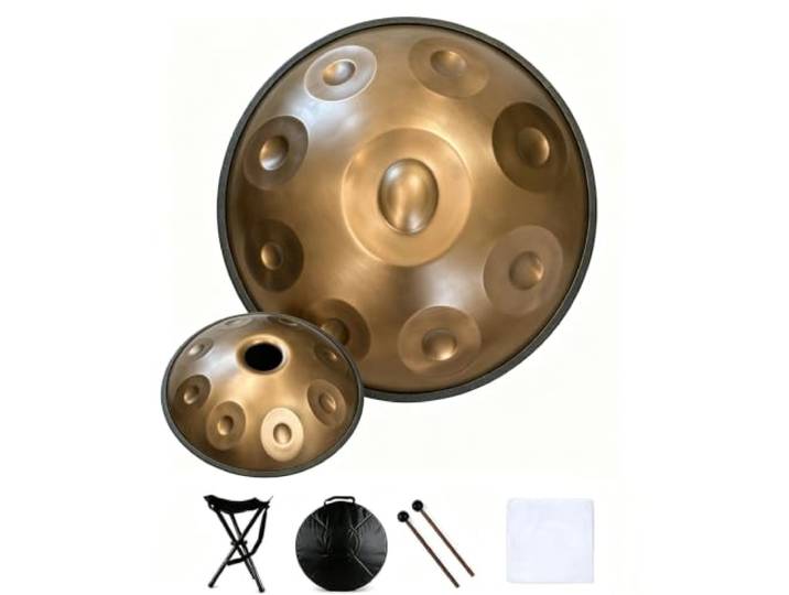 Mavdecll Handpan In D-moll, 440 Hz 17 Töne 22 Zoll Handpan-stahltrommel Mit Tragetasche, Ständer, 2 Handschlägeln, Reinigungstuch, Für Klangheilung, Gold