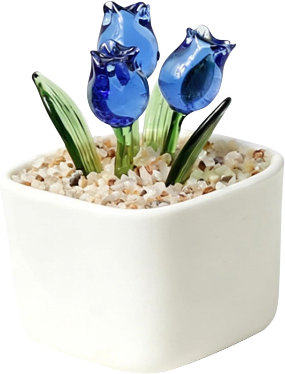 Handgeblazen Glazen Mini Tulp Beeldje - Blauw - 9 x 5 x 5 cm