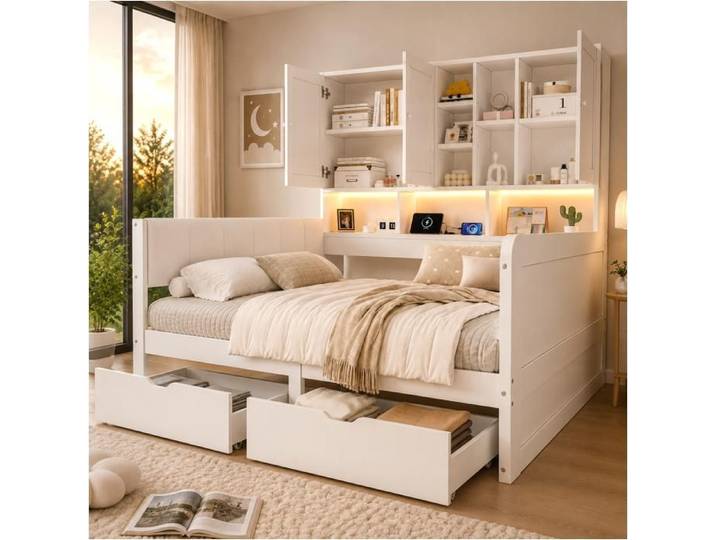 Lit enfant 140x200 L-shaped avec LED USB et tête rembourrée PU