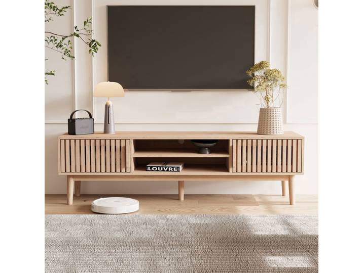 Meuble TV Bois Meuble Tele avec armoires de rangement et portes Mobilier Contemporain Meuble TV Bas pour Salon Couleur du bois