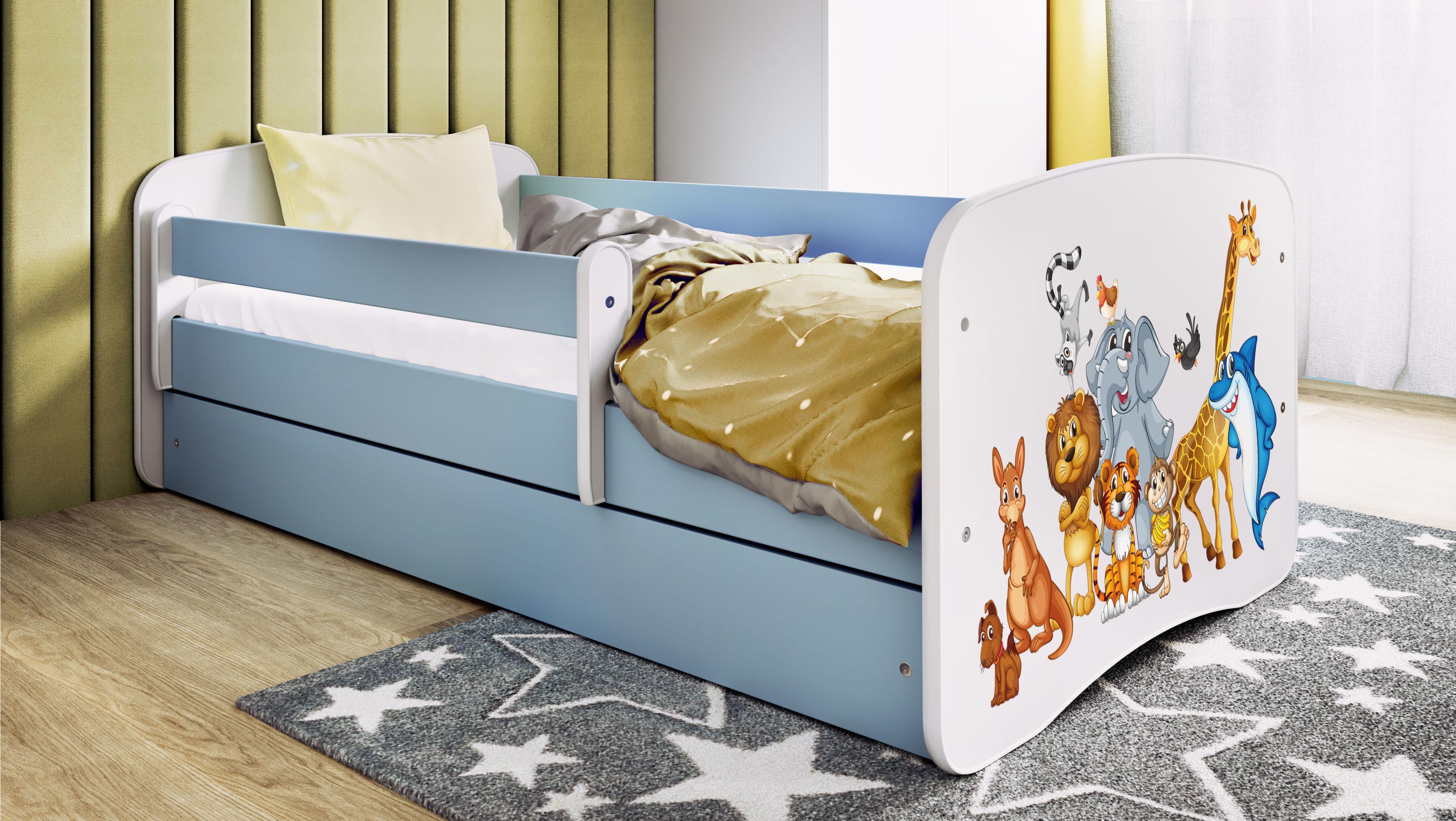 Kinderbett Jugendbett Tiere 70x140, 80x160, 80x180 cm - Komplettset mit Schublade & Rausfallschutz