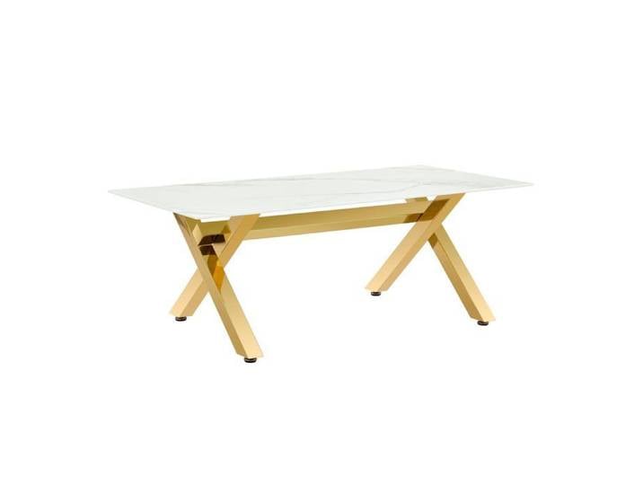 Table Basse IXE Métal Gold Plateau Verre Trempé Marbré Blanc 120x60x45cm