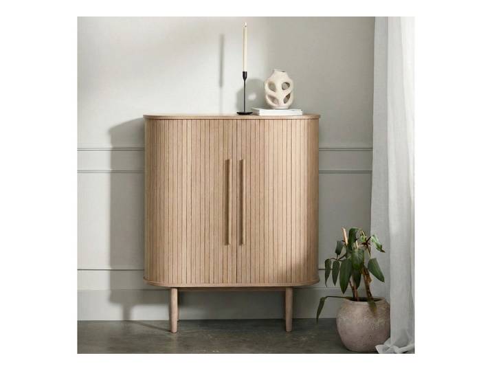 Selsey Highboard META, Ovales Highboard mit Lamellenfront, gebleichte Eiche