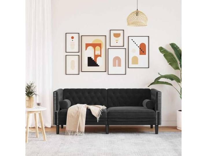 KTHLBRH Sofa aus Samt, schwarz, 174 x 74,5 x 70,5 cm Chesterfield, Schaumstoff, 2-Sitzer, abgerundete Armlehnen, einfache Montage
