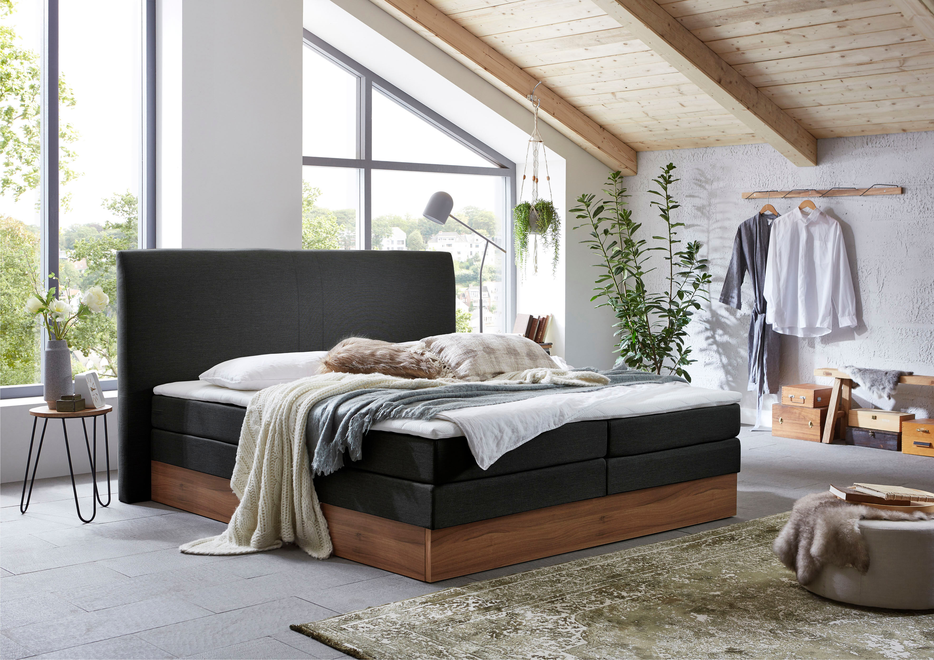 Boxspringbett HOME AFFAIRE "Blomen", grau (anthrazit), B:182cm L:224cm, Komplettbetten, Boxspringbett, mit Walnuss-Dekor, mit Bettkasten, verschiedene Härtegrade, mit Topper