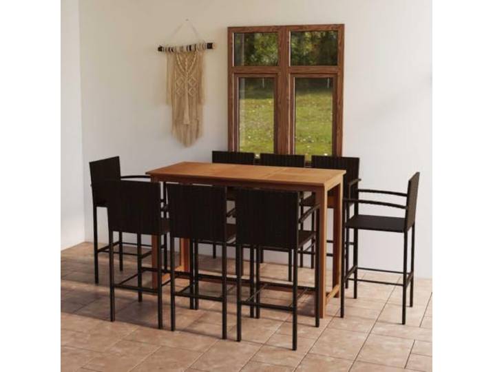Acacia massif huilé Résine tressée imperméable Tabouret de bar Brun Ensemble de bar de jardin 9 pieces Marron Table 150 cm Resine Tresse Acacia Bar exterieur avec 8 Tabourets pour Patio