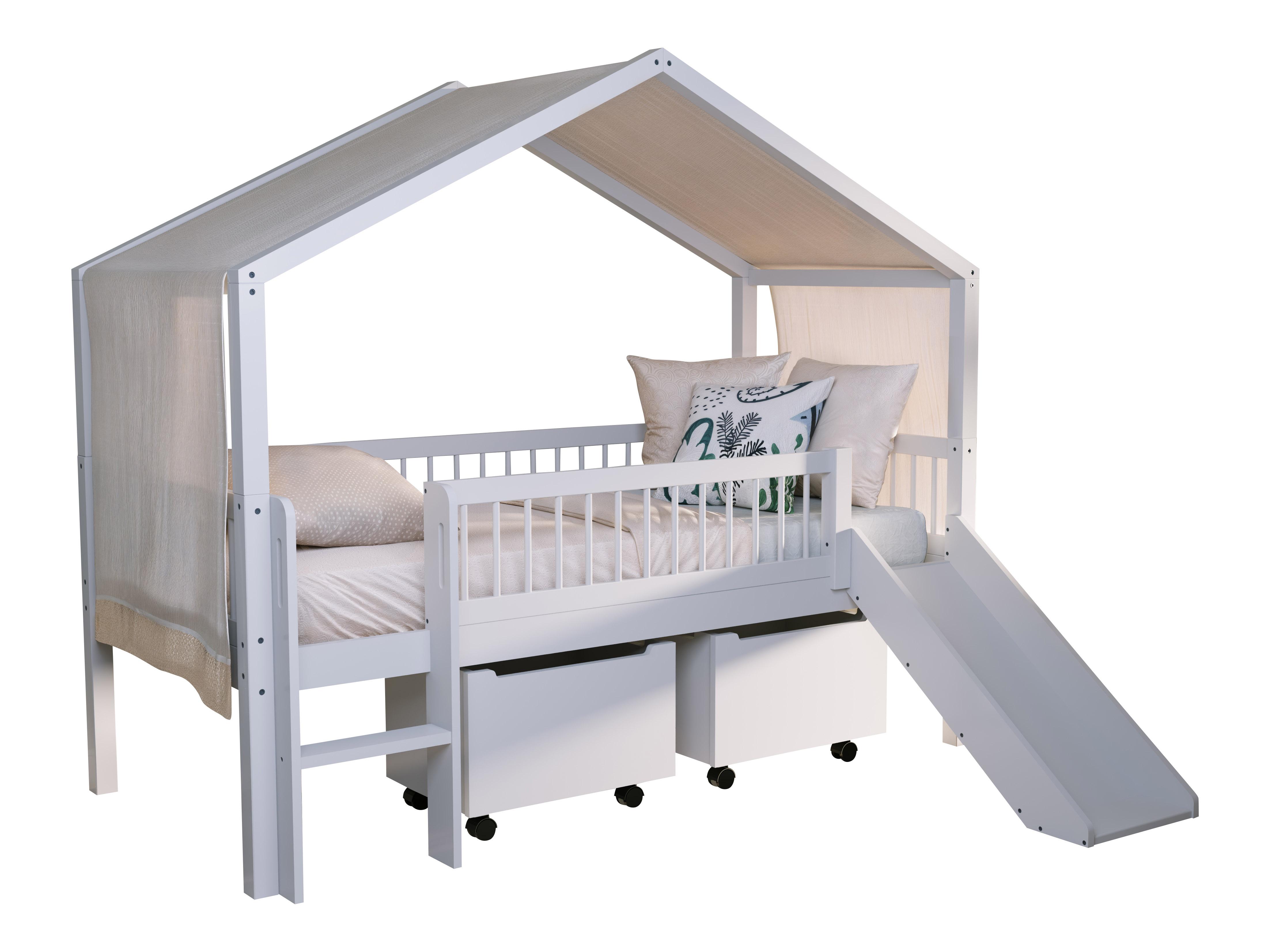 VIPACK - FORREST Buche Spiel-Hausbett 90x200cm, inkl. Lattenrost, Dachaubau, Rutsche, 2 Rollboxen und Textilhimmel, Buche massiv weiß lackiert