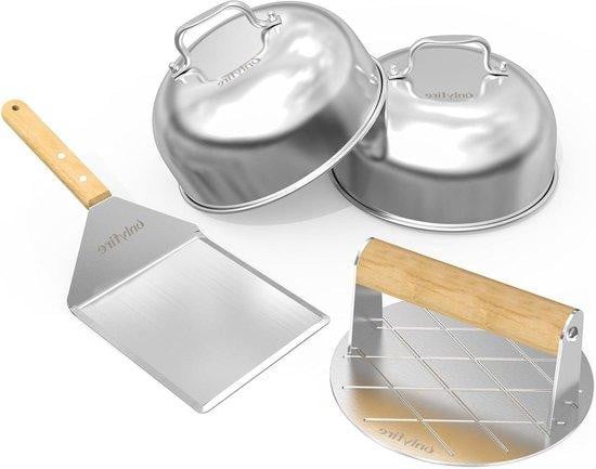 4-delige roestvrijstalen grillset met spatel, burgerpers en 2 smeltkoepels in zilver