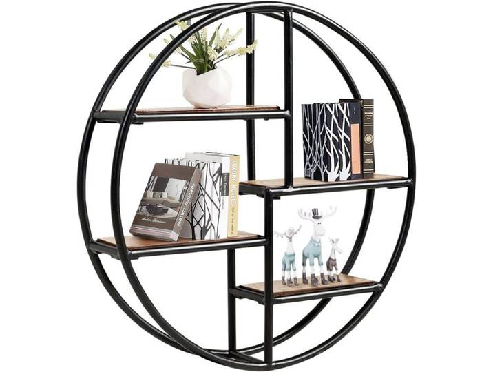 GOPLUS Étagère Murale Ronde avec 4 étagères en Bois et Métal 55x55x11cm-Design Industriel-Décoration Murale pour Salon