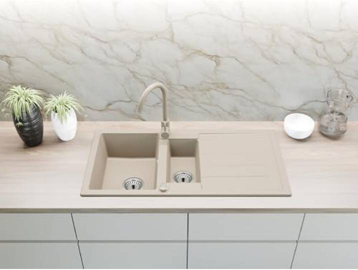 FAIZEE HOME Napoli Granitspüle 100x50 cm Beige – Einbauspüle mit zwei Becken und Abtropffläche, reversibel, hitzebeständig bis 280 °C, ohne Armatur