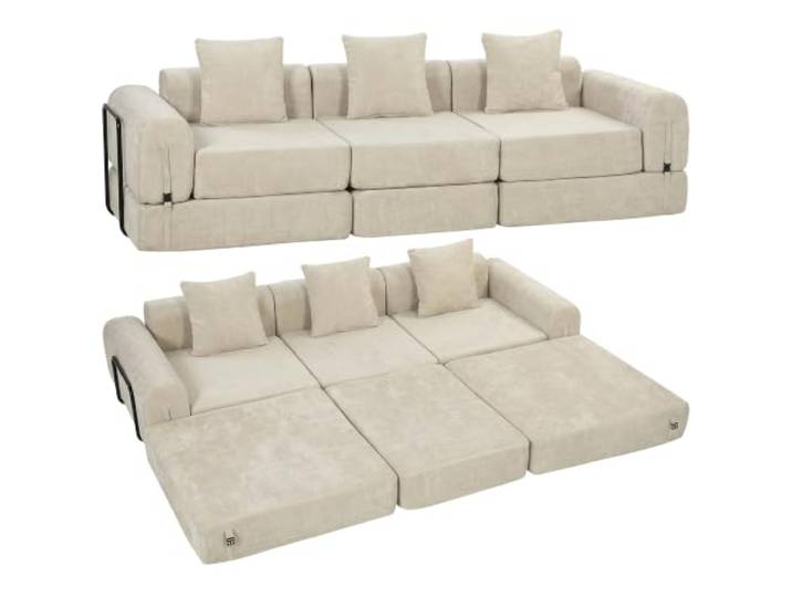 HOMCOM Schlafsofa 245 cm, klappbar, modulares 3-Sitzer-Sofa, Rahmenlos, extra breite und Tiefe Sitzfläche, Dicke Polsterung, Chenille, Beige