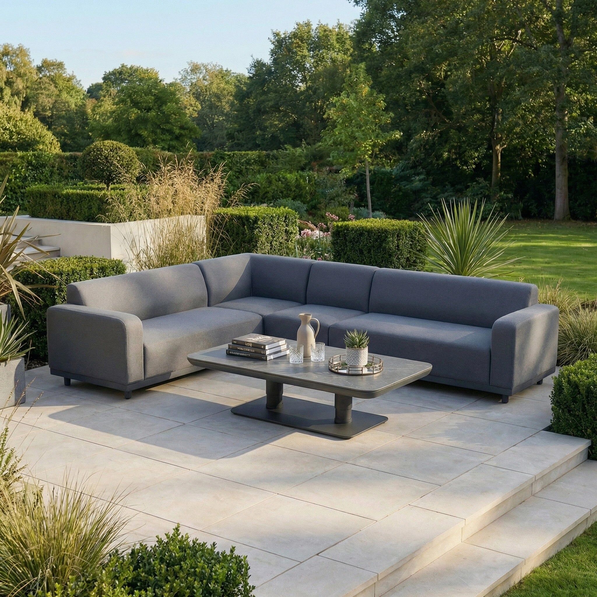 Harbour Lifestyle Luna Outdoor Fabric Large Corner Sofa Set with Altura Rising Table in Grey