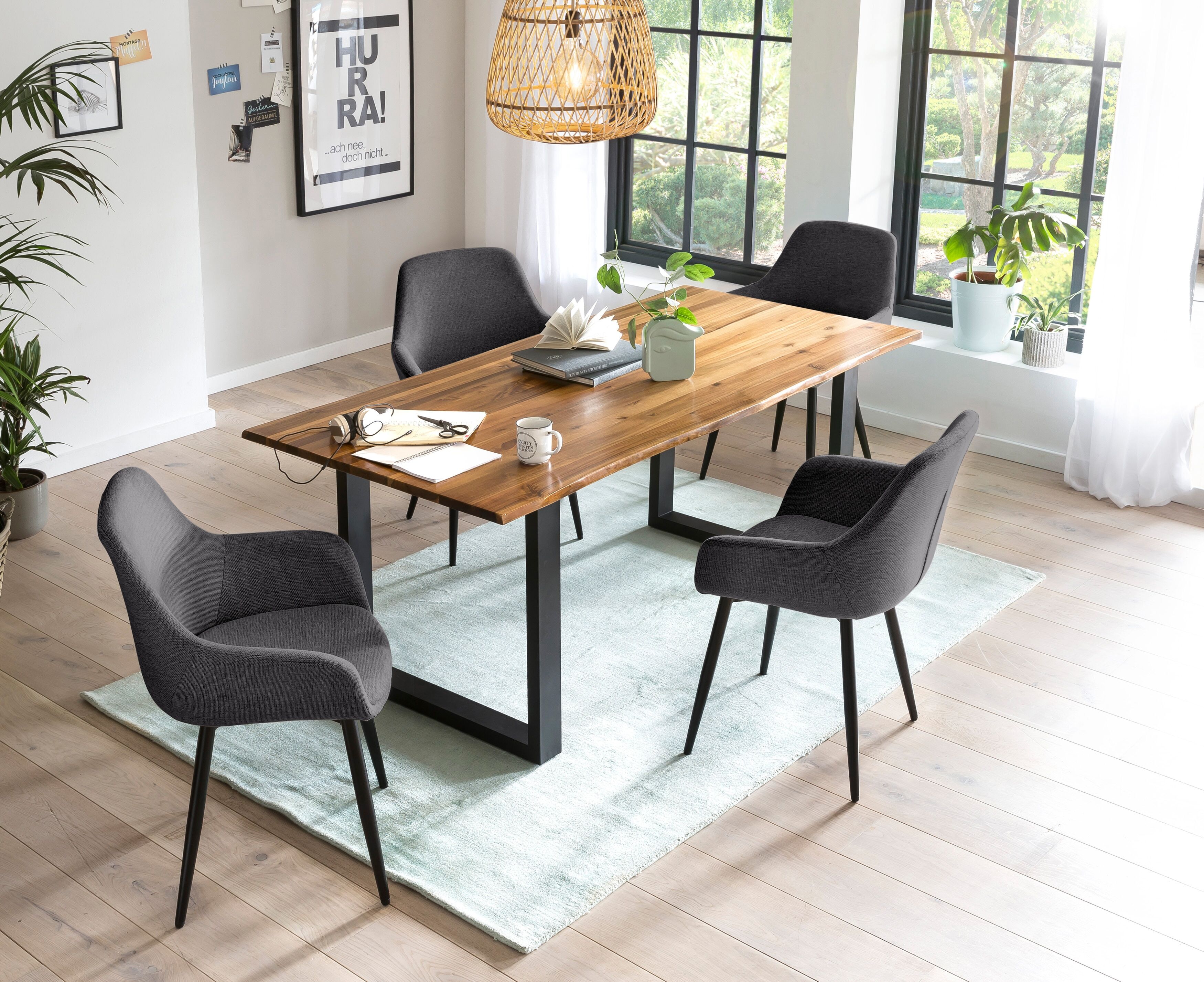 Essgruppe SALESFEVER "- stilvolles Design", grau (cognac, anthrazit, schwarz, anthrazit, schwarz), Strukturstoff, 180,90, Massivholz, Metall, Polyester, Sitzmöbel-Sets, Essgruppe, 5-teiliges Set mit authentischer Baumkanten-Tischplatte