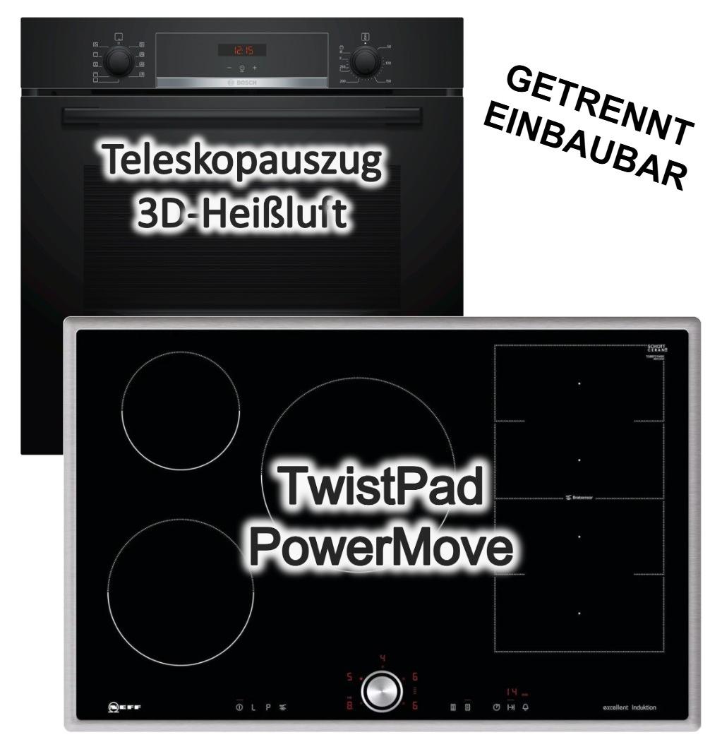 Herdset Bosch Einbau Backofen Hydrolyse Teleskopauszug + Neff Induktionskochfeld 80cm Flexinduktion TwistPad