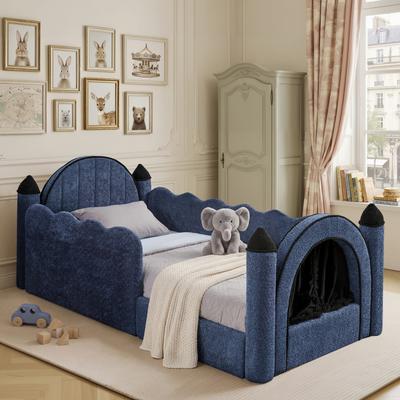 toswini Twin Upholstered Castle Daybed with Curtain Full Guardrails and Rounded Padded Frame
