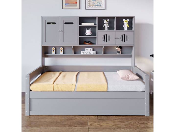 Lit coffre simple 90x200cm - Bois - Espace de rangement - Lit hydraulique - Gris