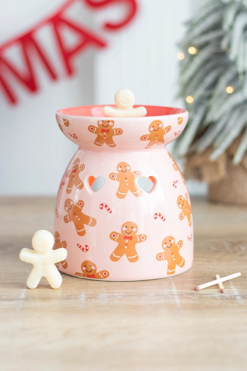 Gingerbread Waxinelichthouder Cadeauset – Roze Keramiek Peperkoekman Wax Melt Brander met Soy Wax Melt – Kerstdecoratie
