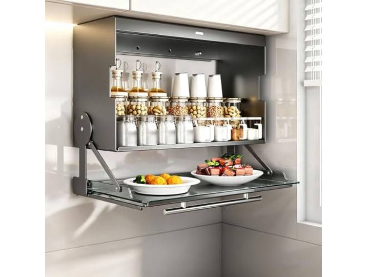 WNGJZZYC 2-Stufiger Ausziehschrank-Organizer, 90° Herabklappbares Regal Wandmontierter Gewürzregal-Organizer, Gewürzgläser, Multifunktionaler Hängespeicher Für Vorratskammer(Silver,H40cm/16in)