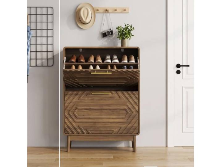 Modenuit Meuble à chaussures 60 cm noyer 2 compartiments basculants étagère ouverte MDF