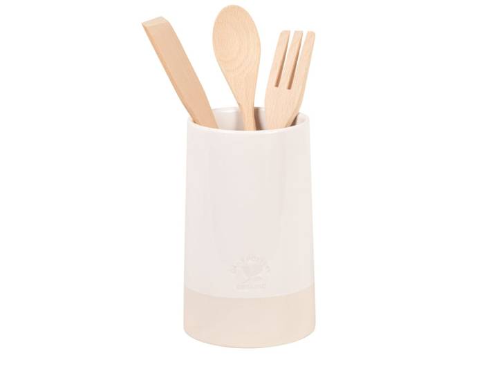 Utensilientopf aus Steinzeug mit Kochlöffeln aus Holz