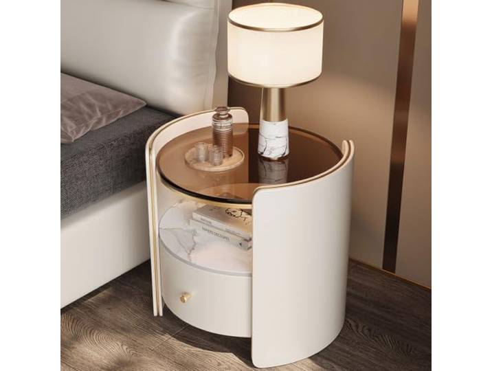 Moderner runder Nachttisch Mit 1 Schublade Beistelltisch aus Leder Holz Offene Ablage Arbeitsplatte aus gehärtetem Glas Für den Innenbereich, Schlafzimmer, Büro(White)